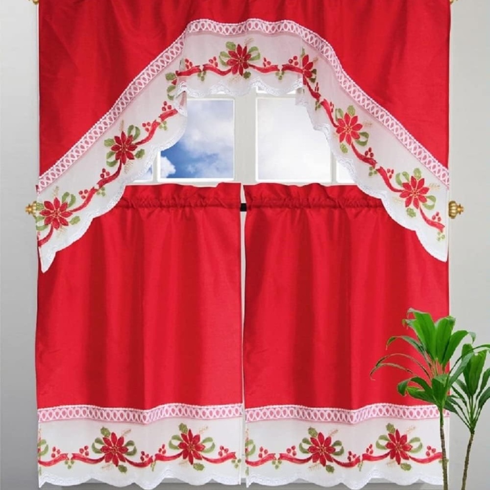 NEW Red Christmas Poinsettia Flower Embroidered 3-Piece Kitchen Curtain Window